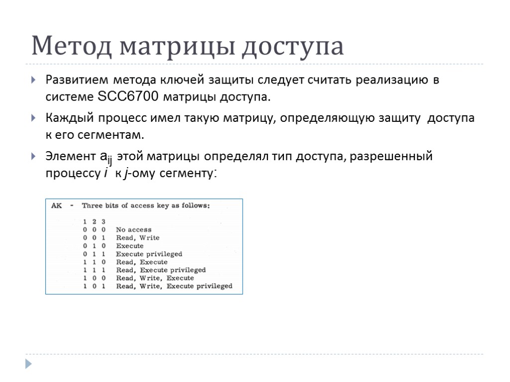 Метод матрицы доступа Развитием метода ключей защиты следует считать реализацию в системе SCC6700 матрицы